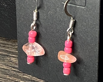 Dangle Drop Earrings - Pink Stone & Beads