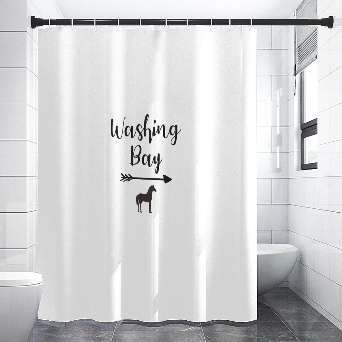 White Shower Curtain - Washing Bay - Checker Pattern - Horse Lover - Rider's Gift