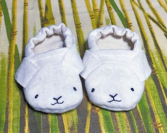 Handmade White Bunny Baby Booties: Soft Cotton Fleece, Silk Lining