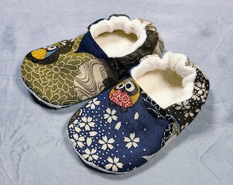 Handmade Kawaii Owl Baby Booties – Japanese Quilt Print, Cotton Fleece