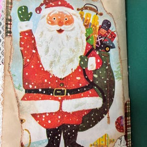 May include: A vintage-style illustration of Santa Claus wearing a red suit with white trim, black boots, and green mittens. He carries a large green sack filled with toys, including a sled and a nutcracker, against a snowy blue background.