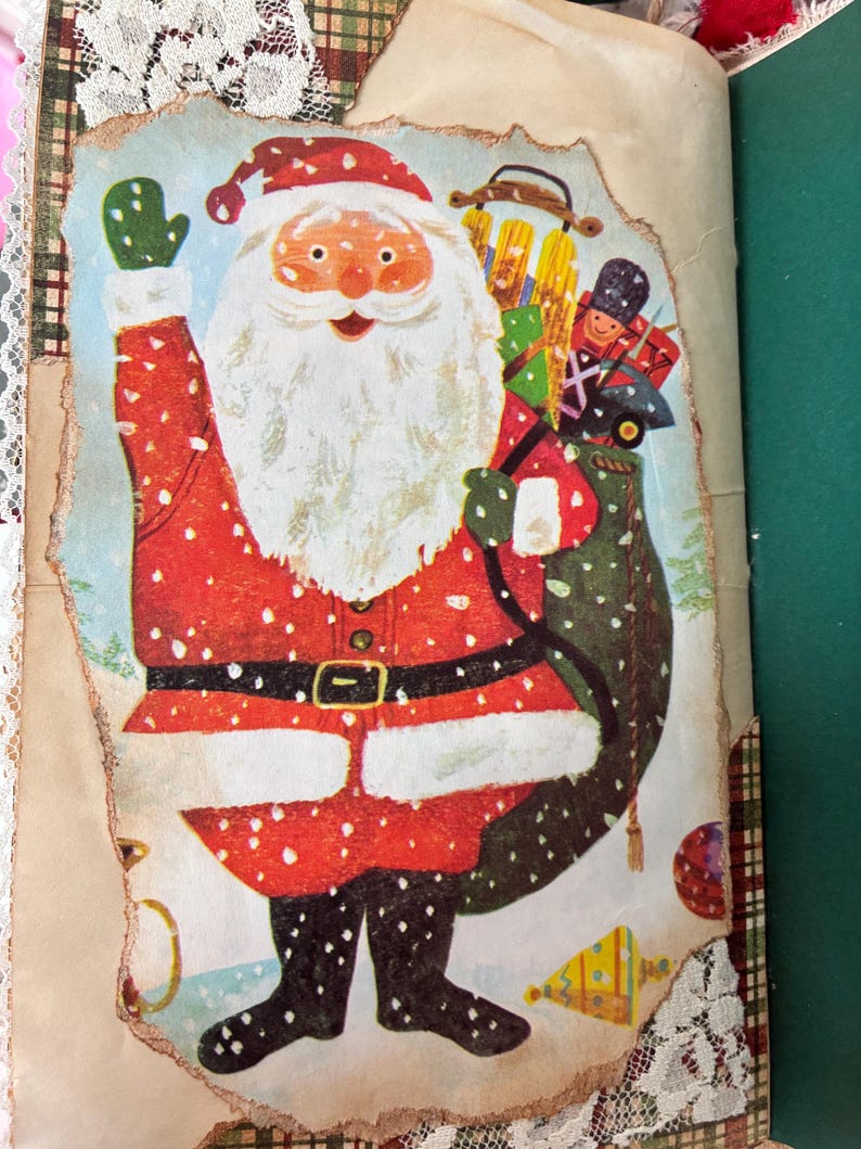 May include: A vintage-style illustration of Santa Claus wearing a red suit with white trim, black boots, and green mittens. He carries a large green sack filled with toys, including a sled and a nutcracker, against a snowy blue background.