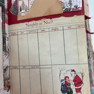 May include: A scrapbook page featuring a Naughty or Nice list with columns for names and notes. The page includes a vintage illustration of Santa Claus with two children, a brown paper envelope, a red button, and decorative Christmas tree imagery.