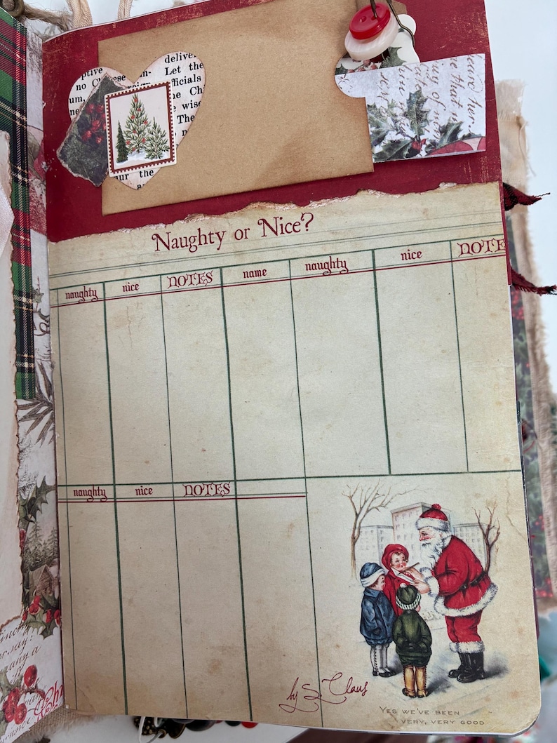 May include: A scrapbook page featuring a Naughty or Nice list with columns for names and notes. The page includes a vintage illustration of Santa Claus with two children, a brown paper envelope, a red button, and decorative Christmas tree imagery.