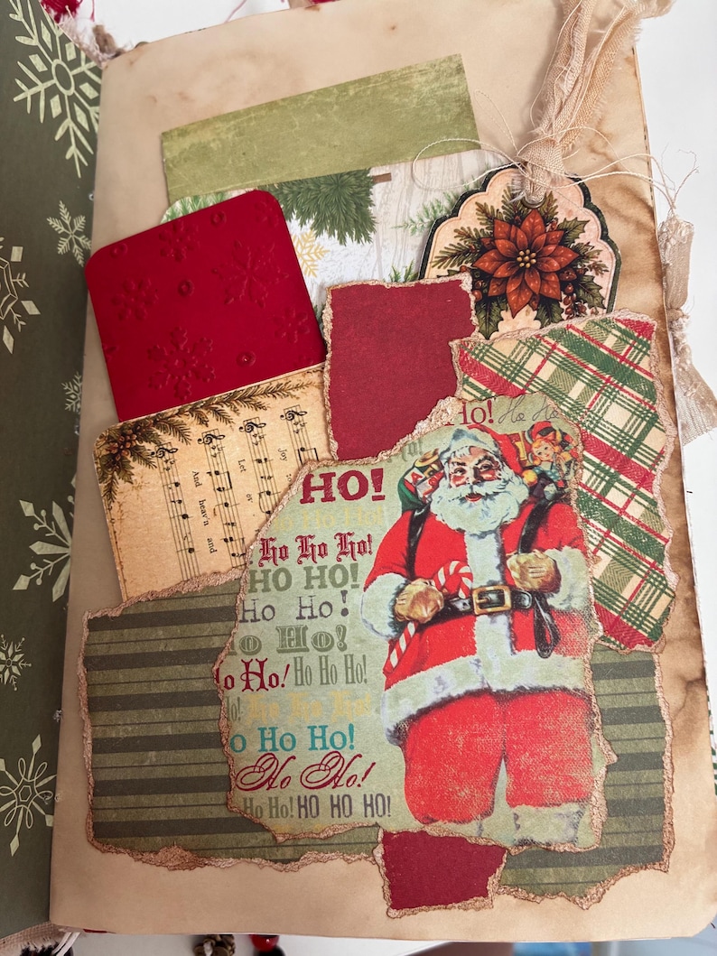 May include: A junk journal page featuring a collage of Christmas-themed paper ephemera. Elements include a vintage Santa Claus illustration with the text HO! HO HO HO!, sheet music, red snowflake-embossed cardstock, and green plaid paper.