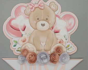 Baby Bear | Baby Shower | It's A Girl | Pink | Cake Topper | Flowers | Bow |