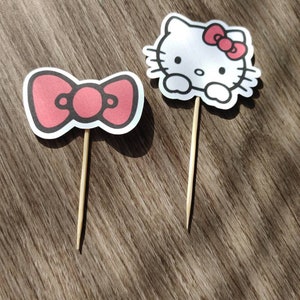 Hello Kitty Cupcake Toppers Red Bow Pink Bow Kids Party Birthday Hello Kitty Face image 2