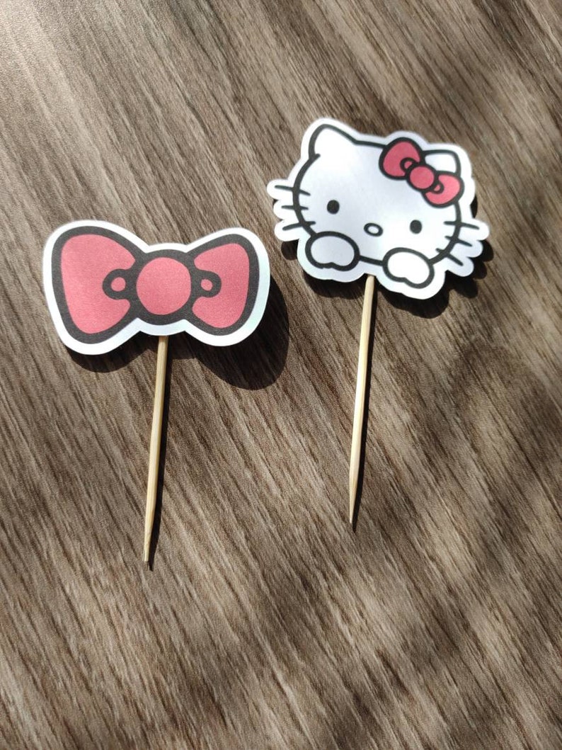 Hello Kitty Cupcake Toppers Red Bow Pink Bow Kids Party Birthday Hello Kitty Face image 2