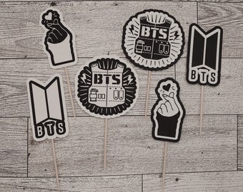 BTS | Cupcake Toppers | ARMY | Party | Birthday | Finger Heart | Bulletproof Vest | JungKook | Jimin | RM | Jin | V | Suga | J-Hope |