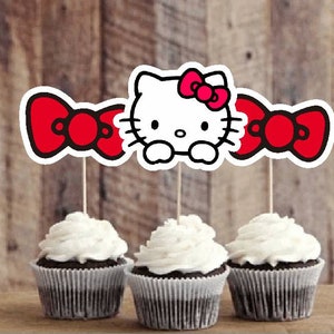 Hello Kitty Cupcake Toppers Red Bow Pink Bow Kids Party Birthday Hello Kitty Face image 1