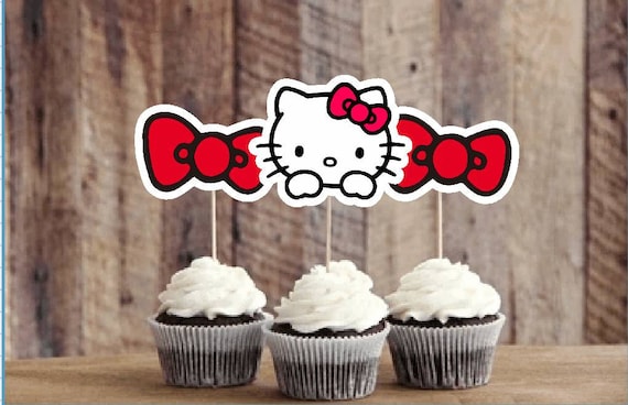 Hello Kitty Cupcake Toppers Red Bow Pink Bow Kids Party Birthday Hello Kitty  Face 
