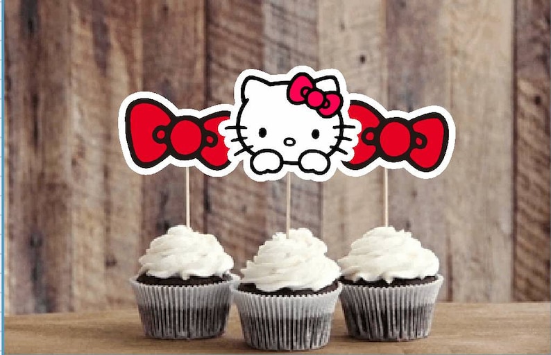 Hello Kitty Cupcake Toppers Red Bow Pink Bow Kids Party Birthday Hello Kitty Face image 1