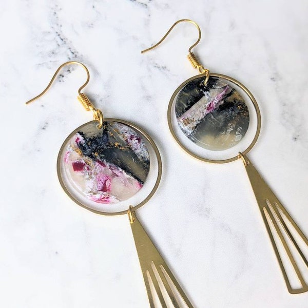 Long purple and black with gold lightweight polymer clay earrings with raw brass charm