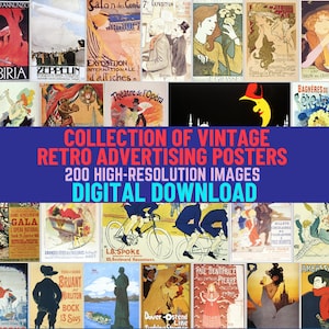 Colección de carteles publicitarios retro vintage en imágenes Jpg de alta resolución. Descarga digital. Publicidad dibujada a mano de los años 20. 200 archivos
