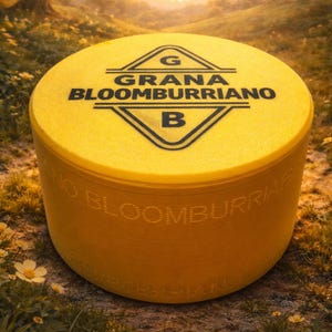 Peut inclure: Une meule de fromage jaune avec le texte "GRANA BLOOMBURRIANO" en noir. Le fromage est en extérieur dans un champ avec un arbre et un coucher de soleil en arrière-plan. Le fromage est rond.
