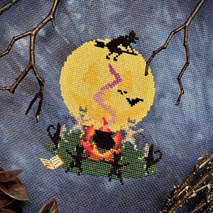 Under the Pumpkin Moon, Halloween, Pagan Cat Bonfire, Witch Night Cross Stitch Digital Pattern