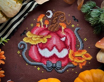 Mushroom Pumpkin Halloween Cross Stitch, Cute Pink Pumpkin, Spooky Cute Mushroom Halloween Pattern, Cross Stitch Digital Pattern