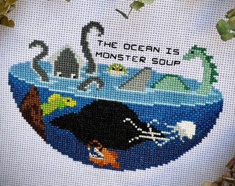 Patrón digital de punto de cruz de Monstruos del Océano, Criaturas del Océano, Críptido de Sopa de Monstruos