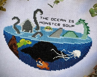 Ocean Monsters, Ocean Creatures, Monster Soup Cryptid Cross Stitch Digital Pattern