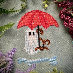 Rainy Day Ghost, Umbrella Ghost, Haunted Spring Rain Ghost Cross Stitch Digital Pattern