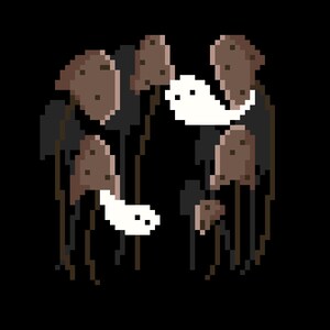 May include: A digital illustration of a group of brown mushrooms with white ghosts floating around them. The mushrooms have a dark brown stem and a light brown cap with white spots.
