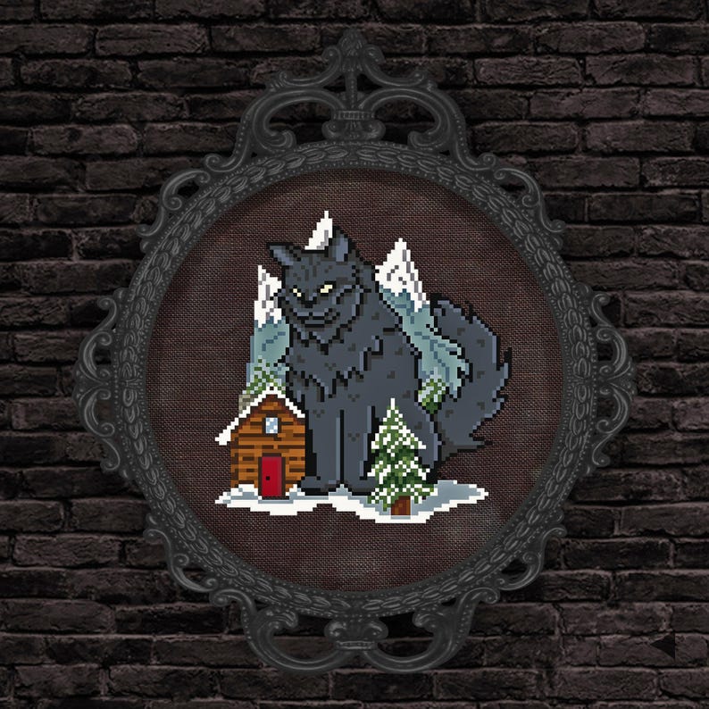 May include: Cross-stitch embroidery of a black cat with a menacing expression, standing in front of a small wooden cabin with a red door, surrounded by snow and mountains.