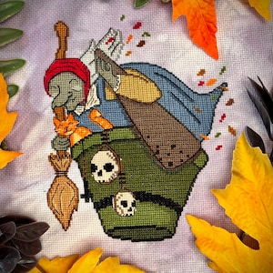 Flying Baba Yaga Grandmother Witch Spooky Cross Stitch Digital Pattern