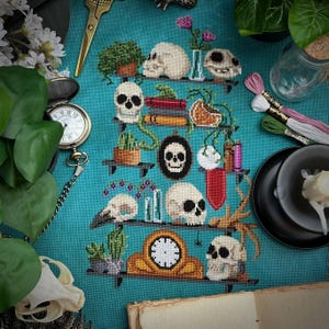Può includere: Un motivo a punto croce blu turchese che presenta uno scaffale con vari teschi, piante e altri oggetti decorativi. Lo scaffale è diviso in quattro sezioni, ognuna con una disposizione diversa di oggetti. La sezione superiore presenta un teschio con un fiore che cresce dalla sua testa, un teschio con un fiore che cresce dalla sua testa e un teschio con un fiore che cresce dalla sua testa. La seconda sezione presenta un teschio con un fiore che cresce dalla sua testa, un teschio con un fiore che cresce dalla sua testa e un teschio con un fiore che cresce dalla sua testa. La terza sezione presenta un teschio con un fiore che cresce dalla sua testa, un teschio con un fiore che cresce dalla sua testa e un teschio con un fiore che cresce dalla sua testa. La quarta sezione presenta un teschio con un fiore che cresce dalla sua testa, un teschio con un fiore che cresce dalla sua testa e un teschio con un fiore che cresce dalla sua testa.