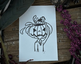 Pumpkin Head Hand Carved Linocut Art Print, 4" x 6"