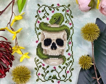 Serpent Sentinel, Snake and Skull, Skull Garden Cross Stitch Digital Pattern