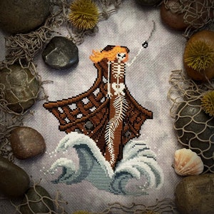 Defender of the Seas, Skeleton Mermaid Figurehead Pirate Ship Cross Stitch Digital Pattern