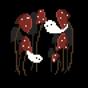 May include: A digital illustration of a group of red and white mushrooms with white ghosts floating around them. The mushrooms have brown stems and are set against a black background.