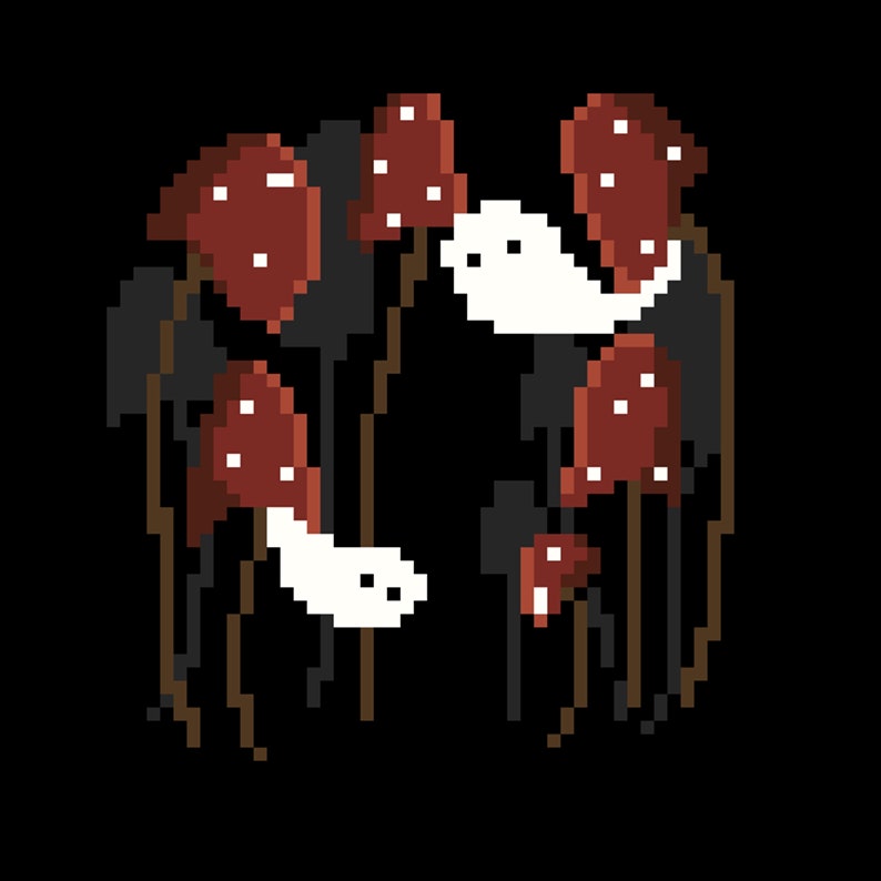 May include: A digital illustration of a group of red and white mushrooms with white ghosts floating around them. The mushrooms have brown stems and are set against a black background.