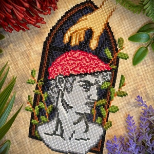 Reaching for Knowledge, Dark Academia, Brain Statue Cross Stitch Digital Pattern