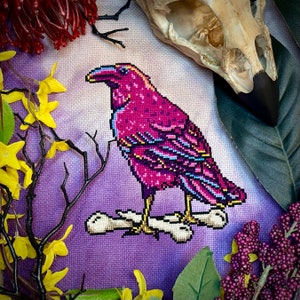 Neon Gothic Raven Cross Stitch Pattern: Witchy Crow Bones (PDF Pattern)