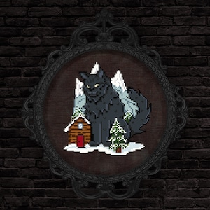 May include: A black cat with a menacing expression sits in front of a small cabin in a snowy forest. The cat is large and appears to be guarding the cabin.