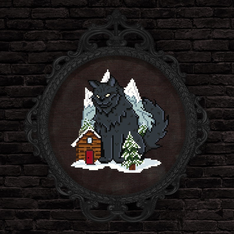 May include: A black cat with a menacing expression sits in front of a small cabin in a snowy forest. The cat is large and appears to be guarding the cabin.