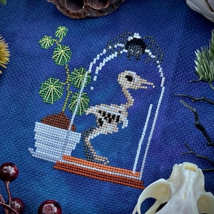 Mini Curio, Small Cross Stitch Curiosities, Bird Skeleton Bell Jar Cross Stitch Pattern