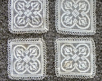 Four (4) Vintage Ecru Italian Filet Needle Lace 4" Square Coaster Doilies