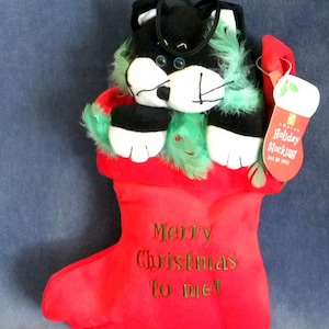 Vintage Merry Christmas to Me Black & White CAT New Old Stock AMSCAN Fleece Stocking Ornament