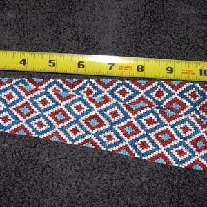 Vintage Hand Beaded Diamond Pattern Belt 25" Long, 1.75" Wide, Blue/White/Red