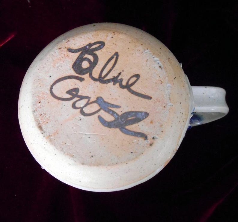 May include: A white ceramic mug with a blue and white design. The bottom of the mug has the signature "Baline Gase" written in black.