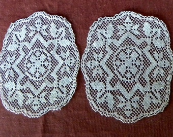 Two Vintage Oblong White Filet Lace Coaster Doilies 4.5" x 4"