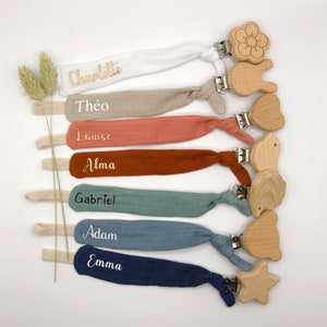 Personalized fabric pacifier clip, cotton gauze, first name, pacifier clip made in France, handmade, birth gift, baby accessory