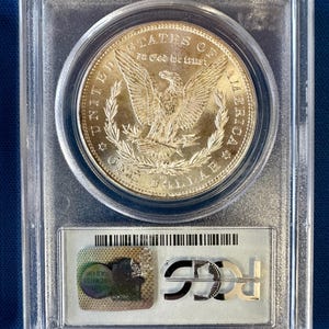 May include: A silver one-dollar coin in a clear plastic case. The coin shows an eagle with spread wings and the words "United States of America." The holder has a certification label with the letters "PCGS."