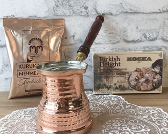 TRADITIONAL COFFEE SET, Traditional Turkish Coffee and Turkish Delight, Copper Coffee Pot, Arabic Coffee, Best Gift, Personalized Gift Box