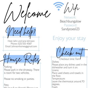 1 Page Airbnb Welcome Template, beautiful editable welcome sign for hosts, Airbnb checkout instructions, wifi sign, house rules guide