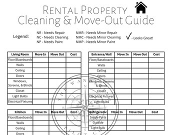 May include: A black and white checklist for cleaning and moving out of a rental property. The checklist includes sections for the living room, kitchen, entrance/hall, refrigerator, dishwasher, and stove/oven. Each section has columns for move-in, move-out, and cost.