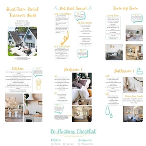 7 Page Airbnb Turnover Cleaning Guide Template, editable short-term rental cleaning guide bundle for hosts, bonus free re-stocking checklist