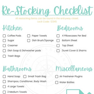 1 Page Airbnb Re-Stocking Checklist Template, editable turnover tool for hosts, short-term rental cleaning aide, Superhost tips and tricks!